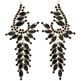 Feather Leaf Art Deco Black Rhinestone Crystal Cluster Chandelier Dangle Statement Earrings
