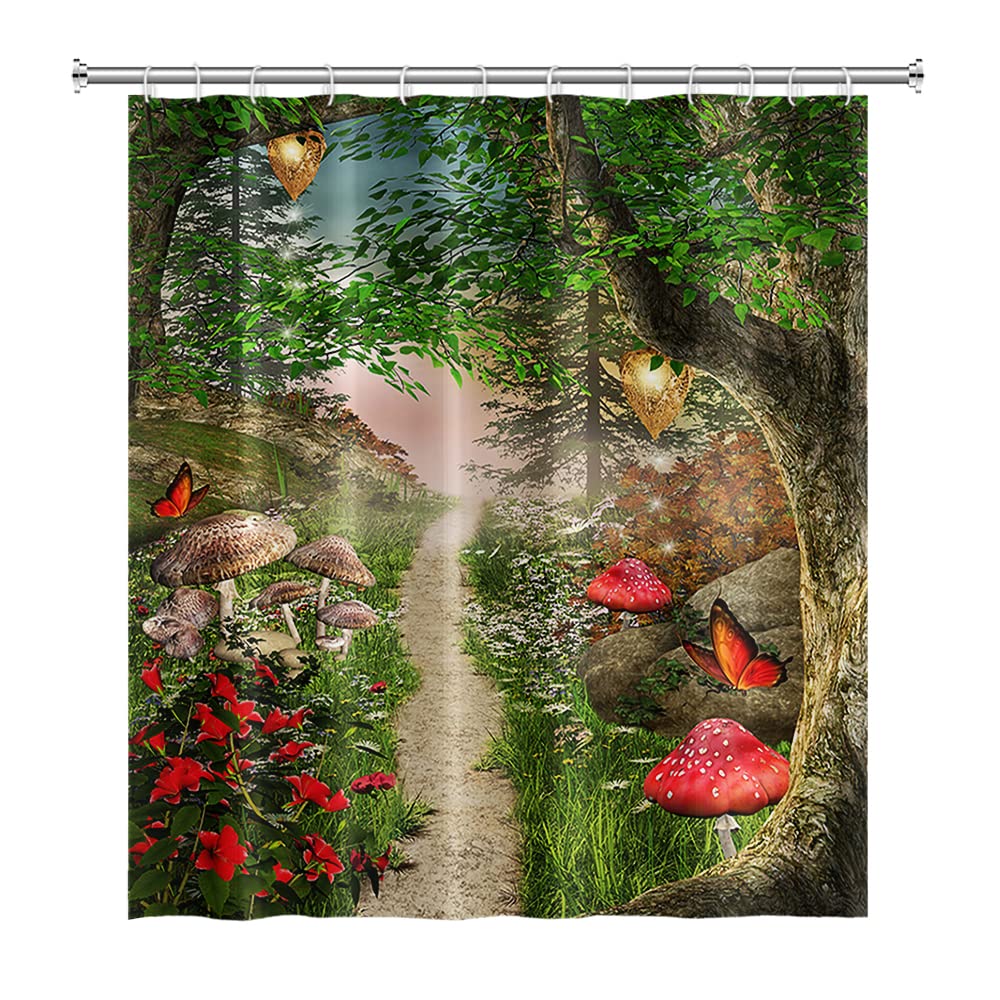 SDOTPMT 120x180cm Magic Forest Shower Curtain Mushroom Fantasy Fairytale Trippy Tree Butterfly Bath Curtain Flower Green Grass Bathtub Curtain for Kids Bathroom Decor Fabric Polyester with Hooks — image 1