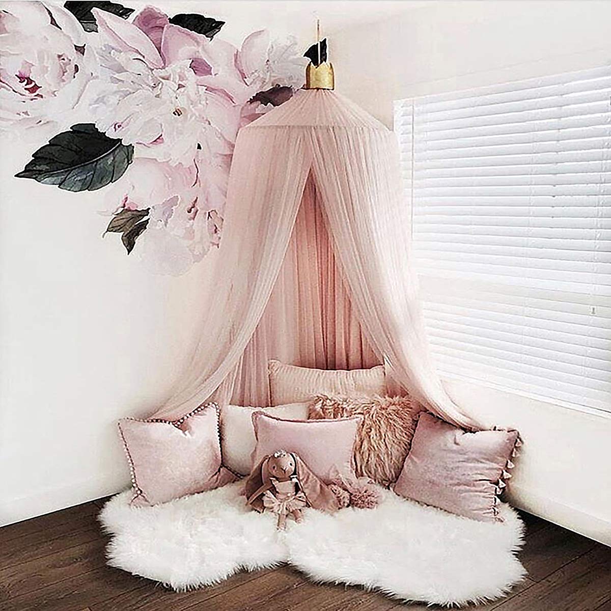 Jeteven Moustiquaire Dome Polyester Ciel De Lit Princesse Moustiquaire Bebe Couronne Decor Lit Hauteur 240cm Rose Ciels De Lit