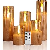 Eywamage 5 Pack Gold Glass Flameless Candles with Remote, Flickering Slim Tall LED Pillar Votive Candles Battery Included