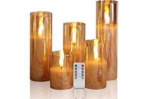 Eywamage 5 Pack Gold Glass Flameless Candles with Remote, Flickering Slim Tall LED Pillar Votive Candles Battery Included