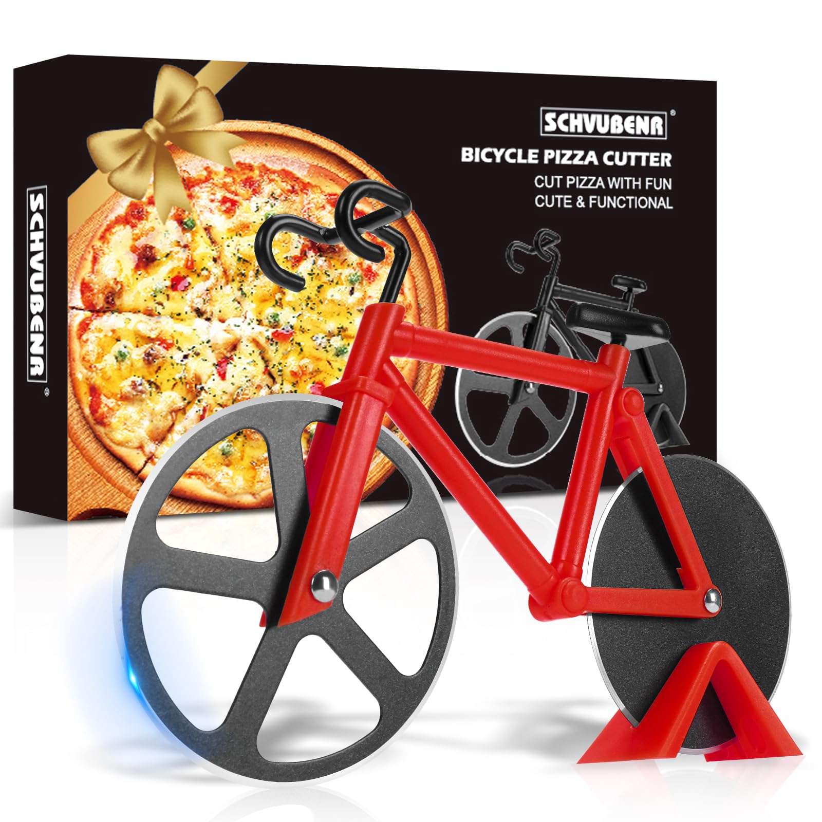 Photo 1 of Bicycle Pizza Cutter Wheel - Gifts for Cyclists, Men, Dad, Bike Lovers - Funny Kitchen Gadgets - Cool Father’s Day, Christmas, Birthday, White Elephant Gifts - Stainless Steel Pizza Slicer(Red)