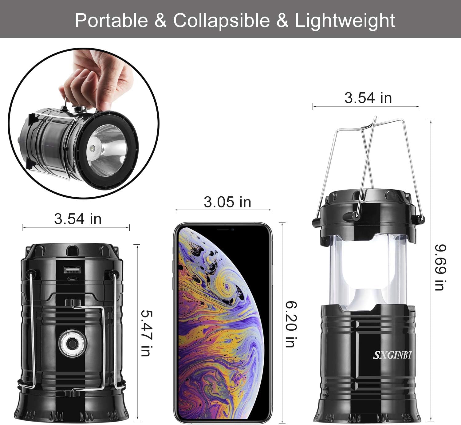 COB Lantern, Camping Solar Lanterns, SXGINBT 2-Pack Lantern Flashlights with Input/Output Port, USB Rechargeable Emergency Lighting for Hurricane/Earthquake/Power Outage - - 