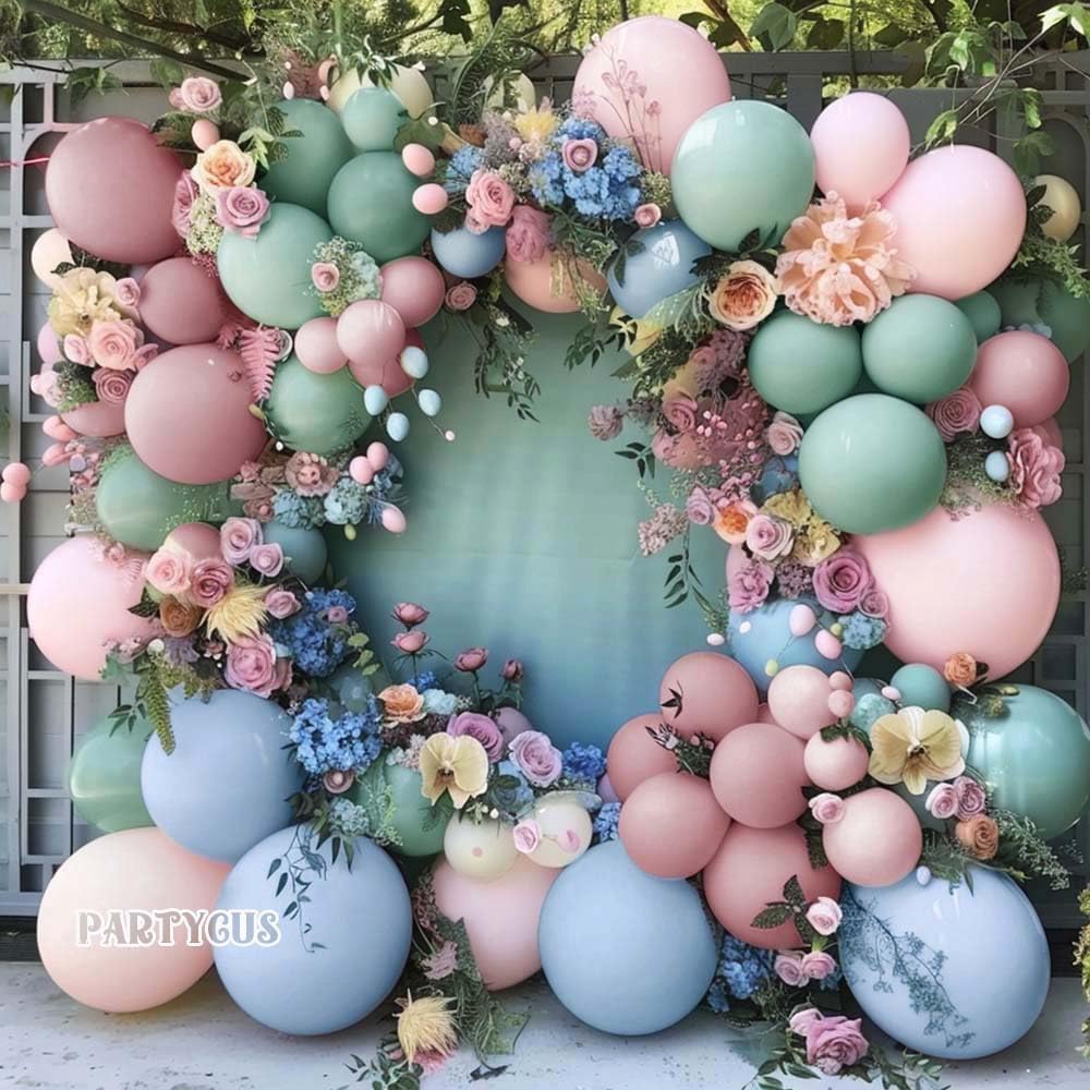 Photo 1 of Pink Blue Green Balloon Arch Double Stuffed Dusty Light Green Baby Blue Blush Mauve Latex Pastel Balloon Garland Kit for Boho Baby Shower Birthday Fall Gender Reveal Floral Party Decoration