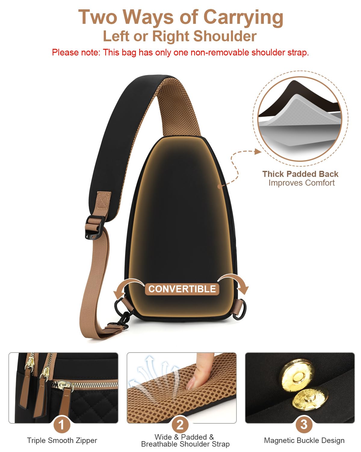 Capolo Sling Bag for Women Men Waterproof Crossbody Bags for Women Trendy Casual Fanny Pack with Convertible Shoulder Strap Chest Bag for Travel Hiking(Black, Medium)