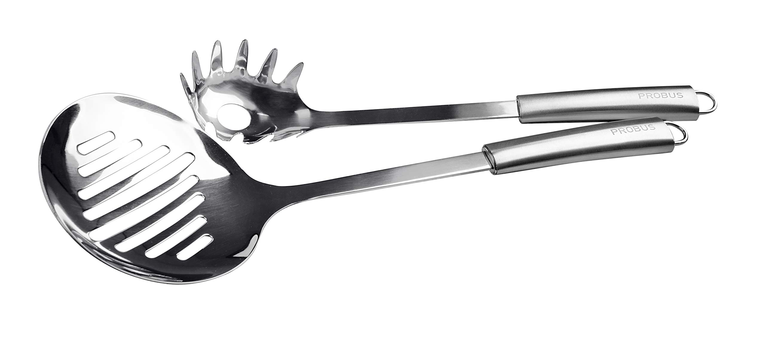 Probus 670229, Serving Set, Spaghetti Spoon & Straining Spoon, Stainless Steel, Ergonomic Handle, Dishwasher Safe, Silver