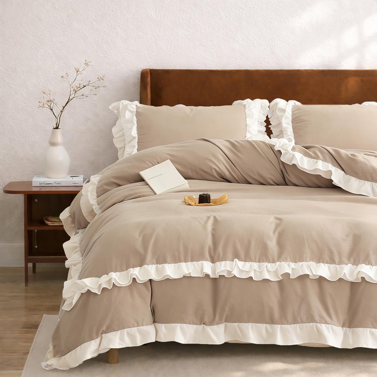 Wotcsil Taupe Ruffle Bedding Set for Women Girls Ruffled Single Duvet Cover Set Plain Duvet Cover Shabby Chic Retro Double-Layer Frill Edge Design with Pillowcase