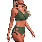 Bikini Sets for Women High Waist Tummy Control Summer Beach Swim Bathing Suits V Neck 2 Piece Swimsuit