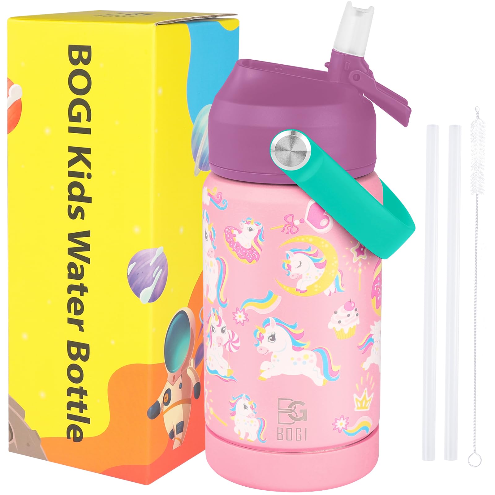 BOGI Kids Metal Water Bottle with Straw, 350ml Kid Stainless Steel Water Bottle for School Leak Proof Insulated Water Bottle for Boys Girls Toddlers Children Keep Drinks 12h Hot & 24h Cold | Unicorn