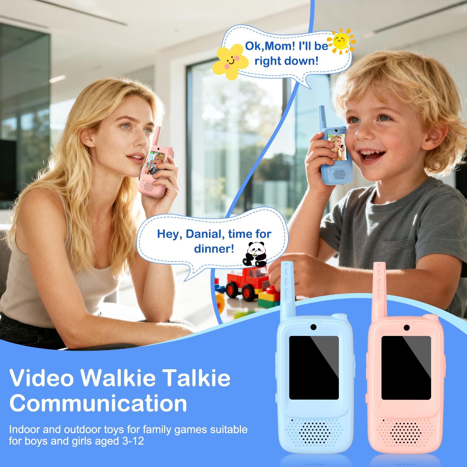 Video Walkie Talkies for Kids, Handheld 2 Pack Rechargeable Video Intercom Kids Walkies Talkies, Long Range with 3 Kinds of Voice Changer, Suitable as Gift Toys for Children Aged 3-12 (Blue/Pink)