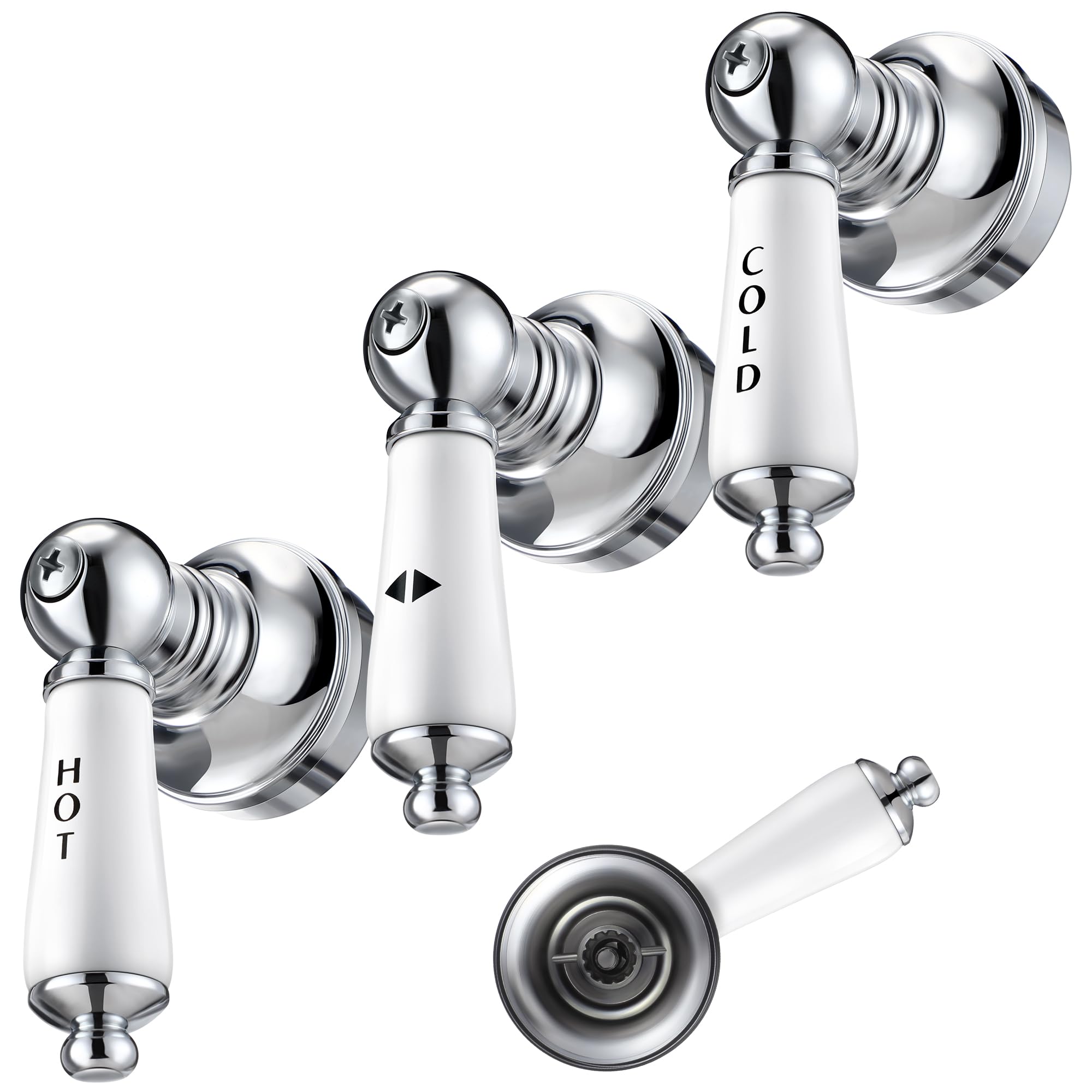 Photo 1 of Enhon 3 Pcs Porcelain Handle Set, Compatible with Price Pfister Shower Valve, Hot Cold and Diverter Handle, Fits 12 Point Broach Stem, Chrome Finish White Porcelain(Lever)