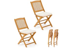 Tangkula 2 Pieces Folding Outdoor Dining Chairs, Acacia Wood Patio Chairs with Soft Cushions, Slatted Backrests and Seats, Outdoor Chairs for Porch, Balcony, Deck and Yard (One-Size,Beige,2)