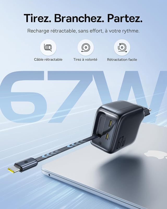 Enercore Chargeur USB C 67W avec Câble Rétractable, Chargeur GaN Compact avec 2 Ports USB-C, Compatible iPhone 17/16/15/14, Galaxy S25/24/23/22, MacBook Pro/Air, Dell, HP, iPad