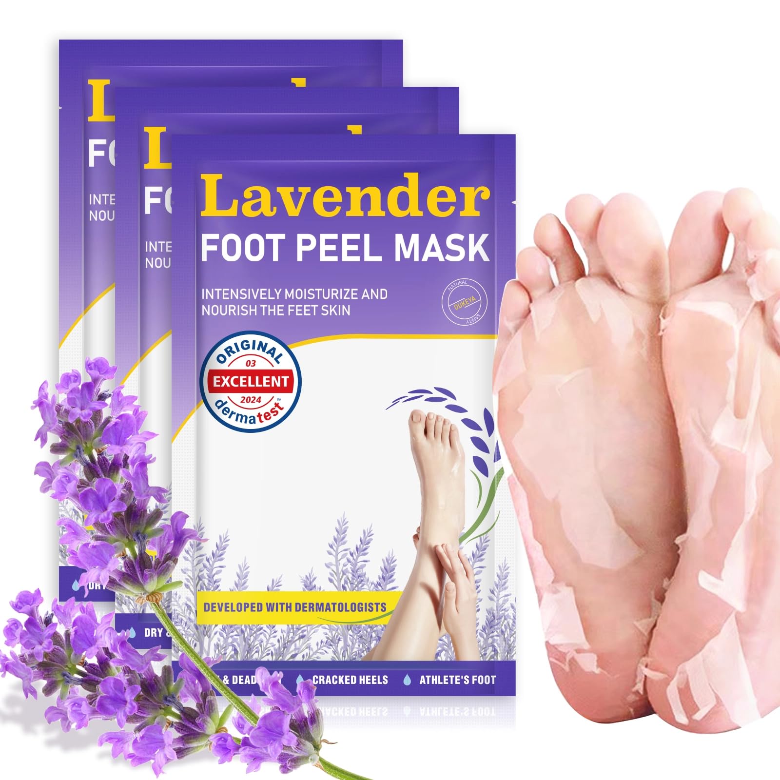 Foot Peeling Mask 3 Pairs: Peeling Foot Mask Dermatologically Tested, Heels & Dry Dead Skin for Soft Feet, Foot Peel Mask (new Lavender)