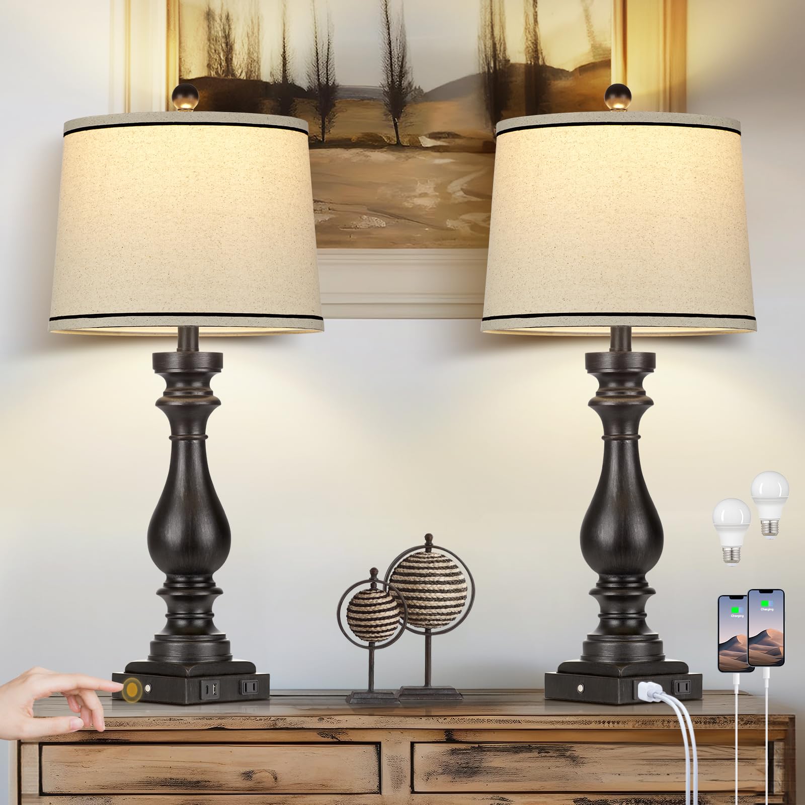 Photo 1 of ***PARTIALLY FUNCTIONAL (1 IS NON-FUNCTIONAL BROKEN)**** Rinweey 27.5" Farmhouse Table Lamp for Living Room Set of 2,Vintage Bedside Nightstand Lamps with USB C+A Ports & AC Outlet,3-Way Dimmable Touch Control Retro Black Desk Lamp for Bedroom,Black