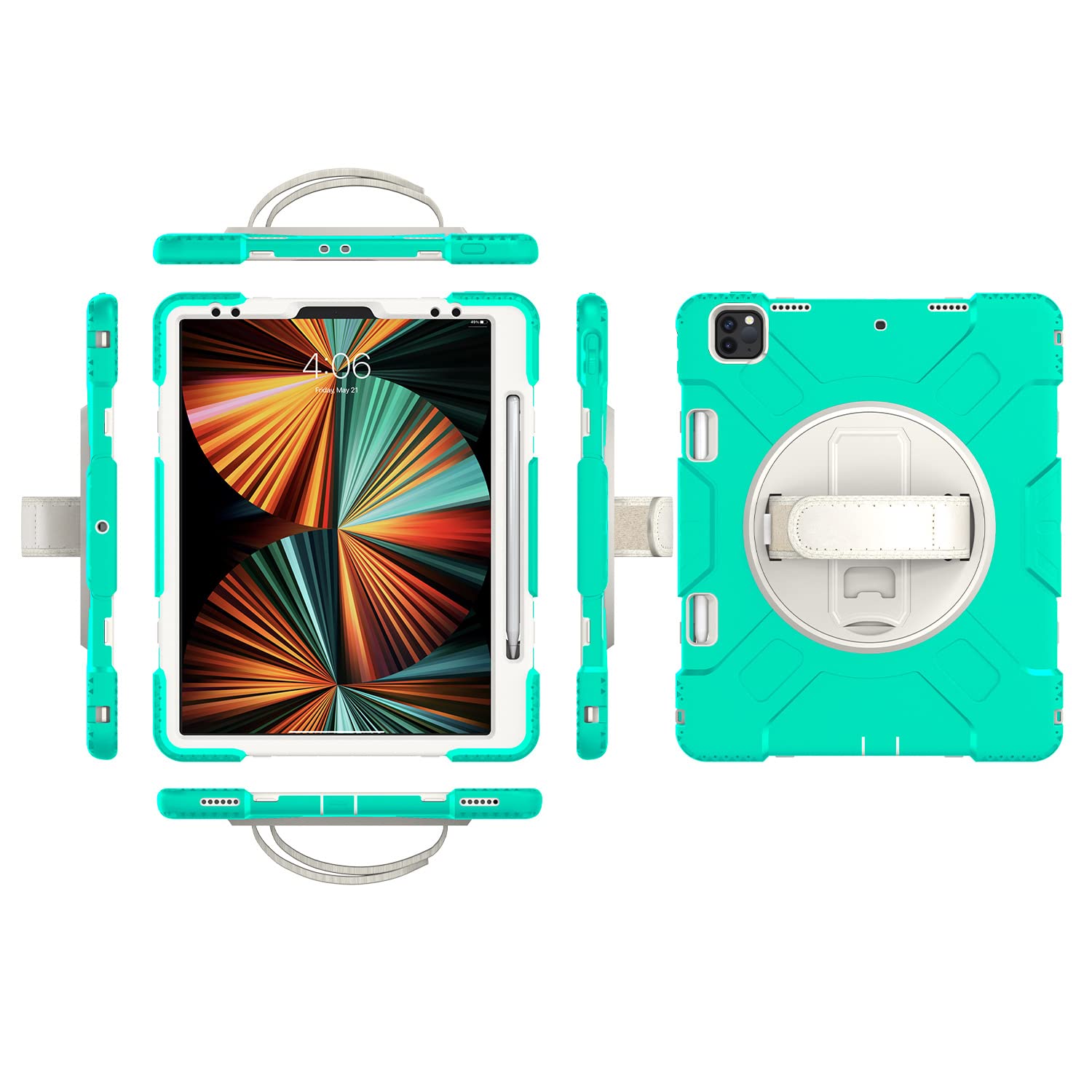 iPad Air4 10.9 2020/air5 10.9 2022 Generation Case with Screen Protector Pencil Holder Kickstand Hand Strap 360 Rotating Hand Strap Stand Durable Protective Case (Emerald Green)