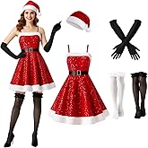 Mepase 5 Pcs Mrs. Santa Claus Christmas Glitter Costume Women Velvet Dress Hat Gloves Stockings Outfit for Cosplay Xmas Party