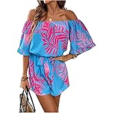 Milumia Women's Off The Shoulder Romper Boho Elastic Waist Shorts Jumpsuit Dressy Casual Vacation Outfits
