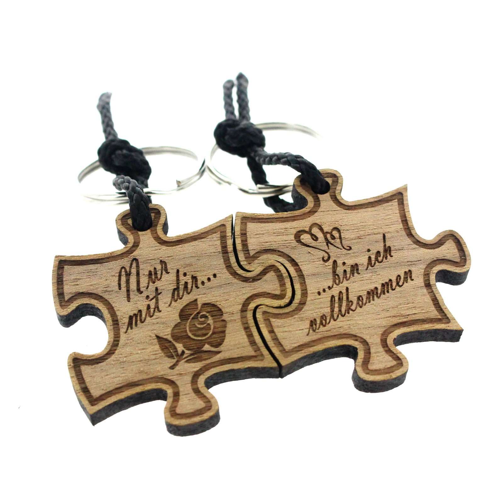 Lieblingsmensch 2er Set Gravur Partner Schlüsselanhänger aus Holz - Modell: Nur mit Dir bin ich vollkommen Keyring, 12 cm, Brown (Braun)