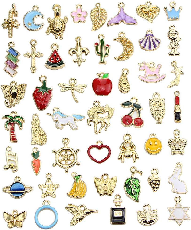 GOTONE 50 Pcs Assorted Enamel Charm Pendant Gold Plated Mixed Animals Love Cactus Moon Star Fruit Charm Pendant DIY for Necklace Bracelet Jewelry Making and Crafting