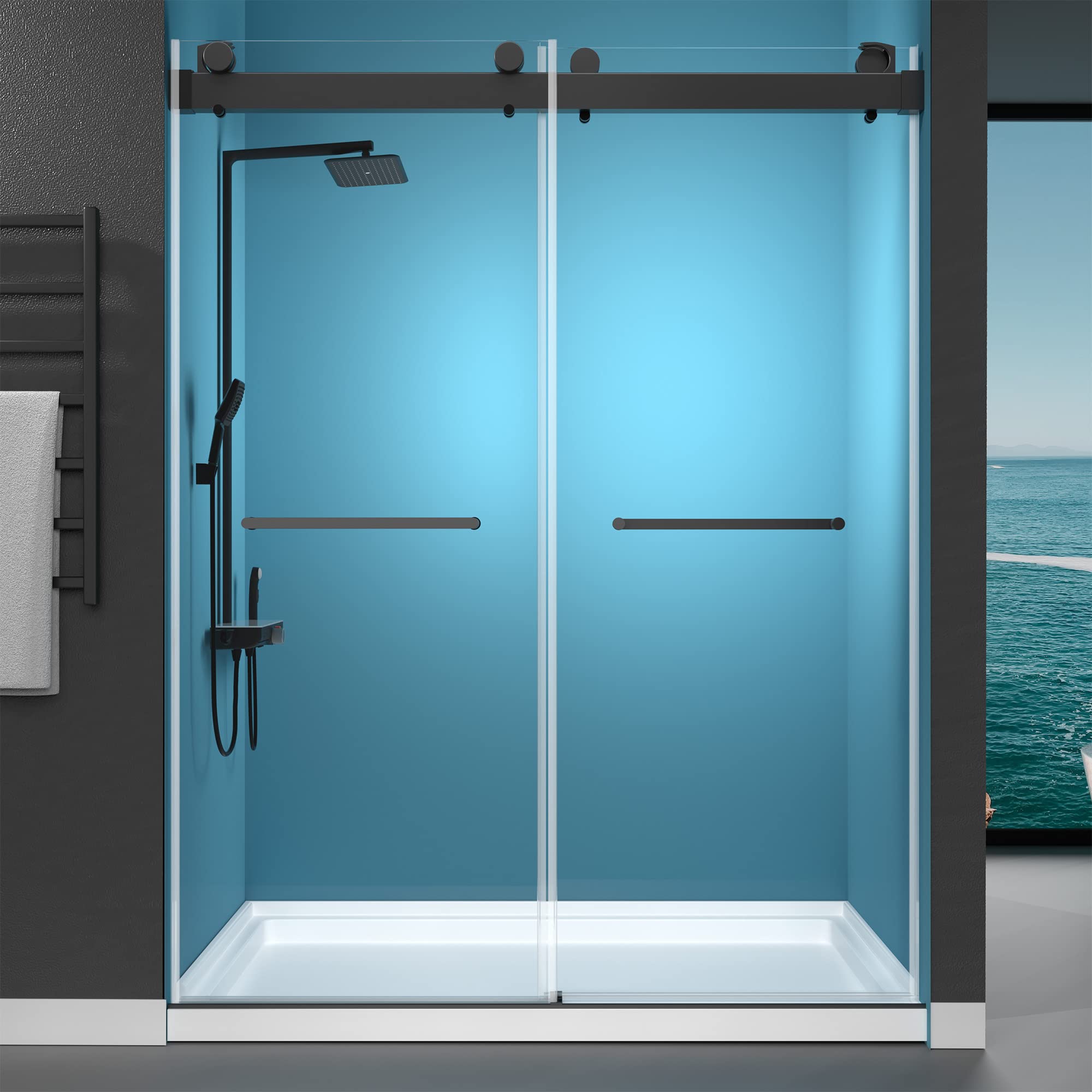 Photo 1 of GETPRO Shower Door 69-72" W x 79" H Double Sliding Frameless Shower Doors with Noiseless Soft Close & Anti-Jumping System 3/8 inch Tempered Glass Width Adjustable Bypass Shower Door Matte Black