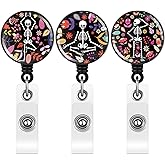Tenare 3 Pieces Xray Badge Reel Retractable Radiology Tech Gifts Day of The Dead Badge Reel Holder Bones Skeleton Skull Chest Patterns for Nurse Doctor ID Cards(Skeleton with Flower)