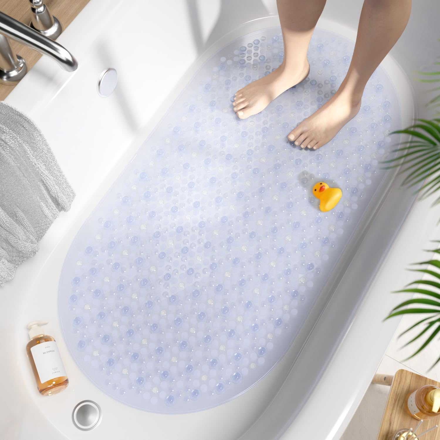 HITSLAM Oval Bath Mat Non Slip Anti Mould, 68 x 38 CM Anti Slip Shower Mat for Bathroom , Machine Washable Bubble Bathtub mat with Suction Cups and Drain Holes, Soft on Feet, Clear