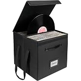 Uniclife Vinyl Record Storage Box with Lid &amp; Handles | Collapsible, Splash-Resistant Album Storage Crate for 80 Single Records (12"), Black, 13" &times; 13" &times; 13"