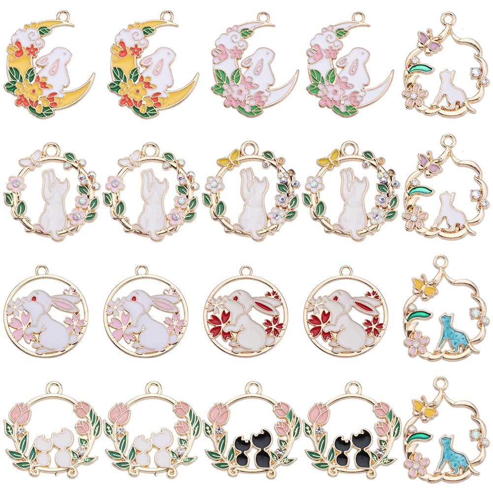 SUNNYCLUE 1 Box 20Pcs 10 Styles Easter Cat Charms Bulk Cute Kitten Charms Enamel Rhinestone Alloy Gold Flower Rabbits Animal Halloween Japanese Style for jewellery Making Women Bracelets — image 1