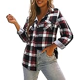 Oyamiki Womens Casual Cuffed Long Sleeve Boyfriend Button Down Plaid Flannel Shirt Tops