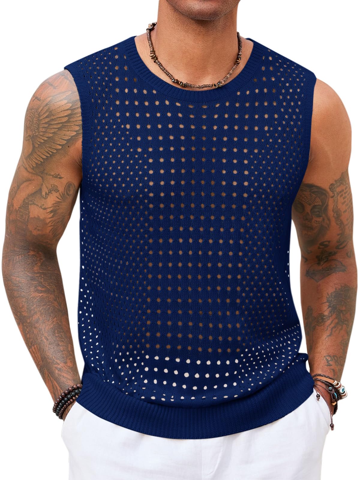 Photo 1 of Runcati Mens Knit Sleeveless Tank Tops Casual Hollow Out T Shirts Beach Summer See Through Tops Navy Blue