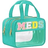 Chenille Letter Clear Medicine Bags, Makeup Bag for Travel, Preppy Patch Nylon Cosmetic Meds Pouch with Handles and Zipper, Waterproof Large Clear Travel Toiletry Purse Storage for Women Green