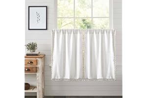 RoomTalks White Boho Farmhouse Kitchen Curtains 45 Inch Length French Striped Modern Vintage Chic Textured Tassel Charcoal Short Cafe Curtains for Small Window Kitchen Bathroom Decor