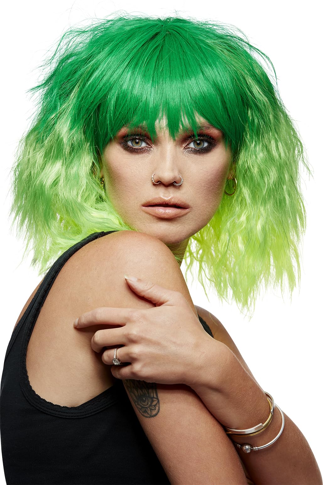 Smiffys Official Manic Panic® Venus Envy™ Trash Goddess™ Wig, Midlength Wavy Wig, Heat Styleable with Adjustable Cap in Green Ombre Colours. Crimped Style for a lush, captivating look — image 1