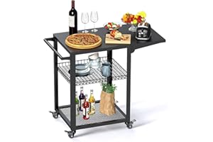 inkmin Pizza Oven Cart Table Outdoor Grill Cart Three-Shelf Movable BBQ Grill Table Stand Stainless Kitchen Food Prep Trolley Worktable Commercial Multifunctional Portable Dining Cart (Three-Deck)