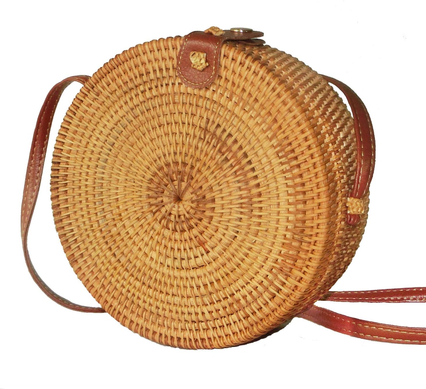 Round Rattan Bags Women Round Handwoven Straw Bag Leather Crossbody Shoulder Strap Handbag Summer Beach Bag