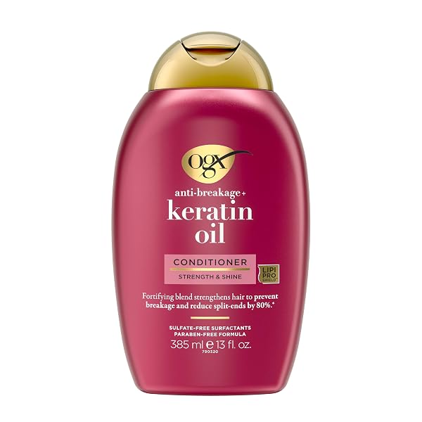 OGX ANTI-BREAKAGE + KERATIN OIL FORTIFYING ANTI-FRIZZ CONDITIONER FOR DAMAGED HAIR & SPLIT ENDS, WITH KERATIN PROTEINS & ARGAN OIL, PARABEN-FREE, SULFATE-FREE SURFACTANTS