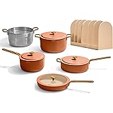 Our Place 11-Piece Essentials Complete Cookware Set - Ceramic Fry Pan, Saucepan, Sauté Pan, Stock Pot, Strainer Basket & Rack Storage | Thermakind™ Nonstick, Oven Safe up to 450°F | Terracotta
