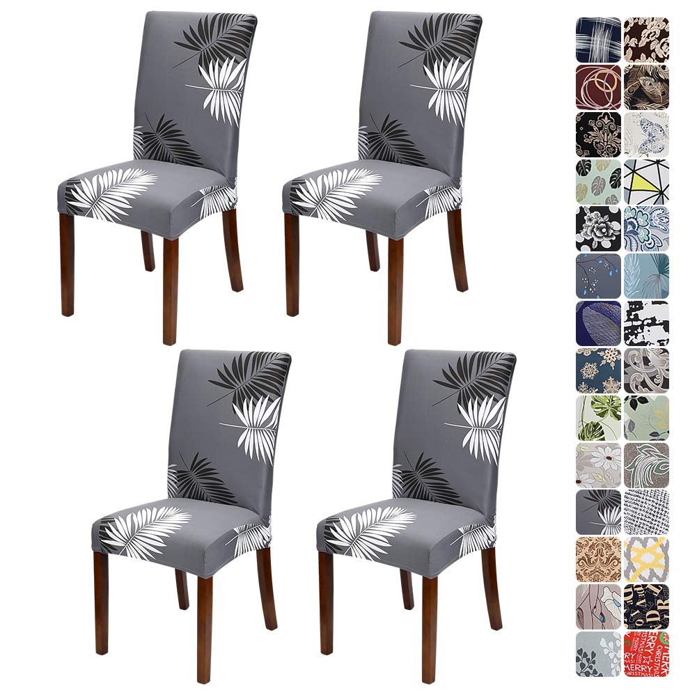 JOTOM Stretch Modern Chair Covers Dining Chair Protector Removable Soft Spandex Dining Chair Slipcovers for Hotel Party Wedding Dining Room Kitchen (Grey White Leaf, Pack of 4)