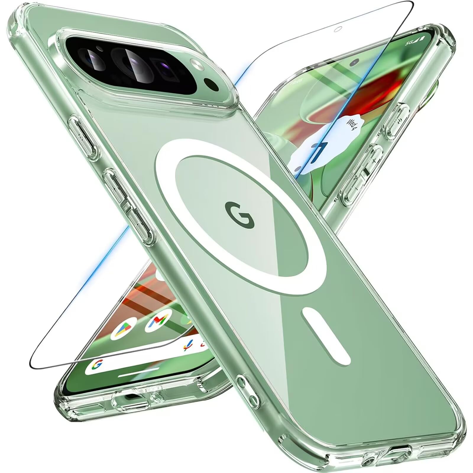 OWKEY Magnetic Case for Google Pixel 9 /Google Pixel 9 Pro 2024[Compatible with MagSafe][with Tempered Glass][Translucent Matte] Shockproof PC Hard Case for Pixel 9/Pixel 9 Pro (Transparent)
