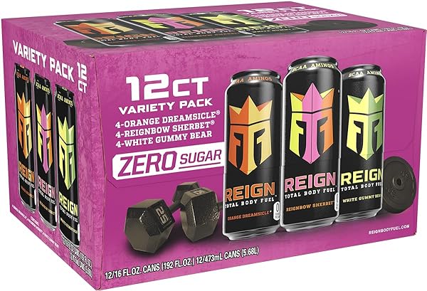 REIGN TOTAL BODY FUEL VARIETY PACK, REIGN ORANGE DREAMSICLE, REIGN REIGNBOW SHERBET, REIGN WHITE GUMMY BEAR, FITNESS & PERFORMANCE DRINK, 16 FL OZ (PACK OF 12)