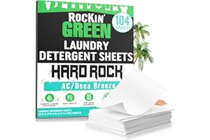 Rockin' Green Hard Rock Travel Laundry Detergent Sheets for Hard Water - Mess-Free Laundry Sheet Detergent with Sodium Bicarbonate - Easily Dissolvable Laundry Soap Sheets (104 Loads, AC/DSea Breeze)