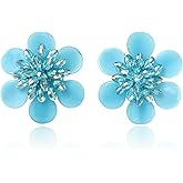AeraVida 42mm Blue Crystal Flower Clip-On Earrings for Women Handmade Non Pierced Beaded Jewelry Floral Statement Dressy Lightweight Earrings Vintage Nature Inspired Gift