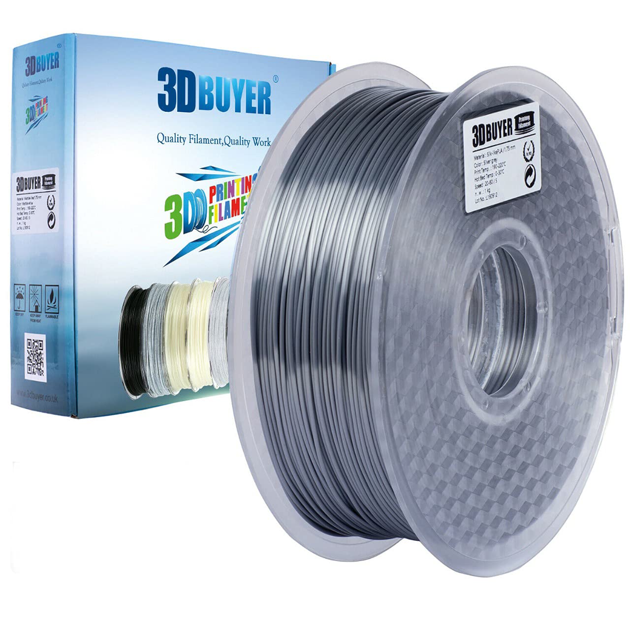 3DBUYER Shiny Silk Silver Grey PLA 3D Printer Filament Dimensional Accuracy +/- 0.03 mm, 1 Kg Spool, 1.75mm