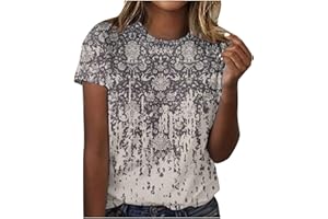 AMXYFBK Womens Tops Round Neck Short Sleeve Floral Printed T Shirts 2024 Summer Fashion Basic Boho T Shirts