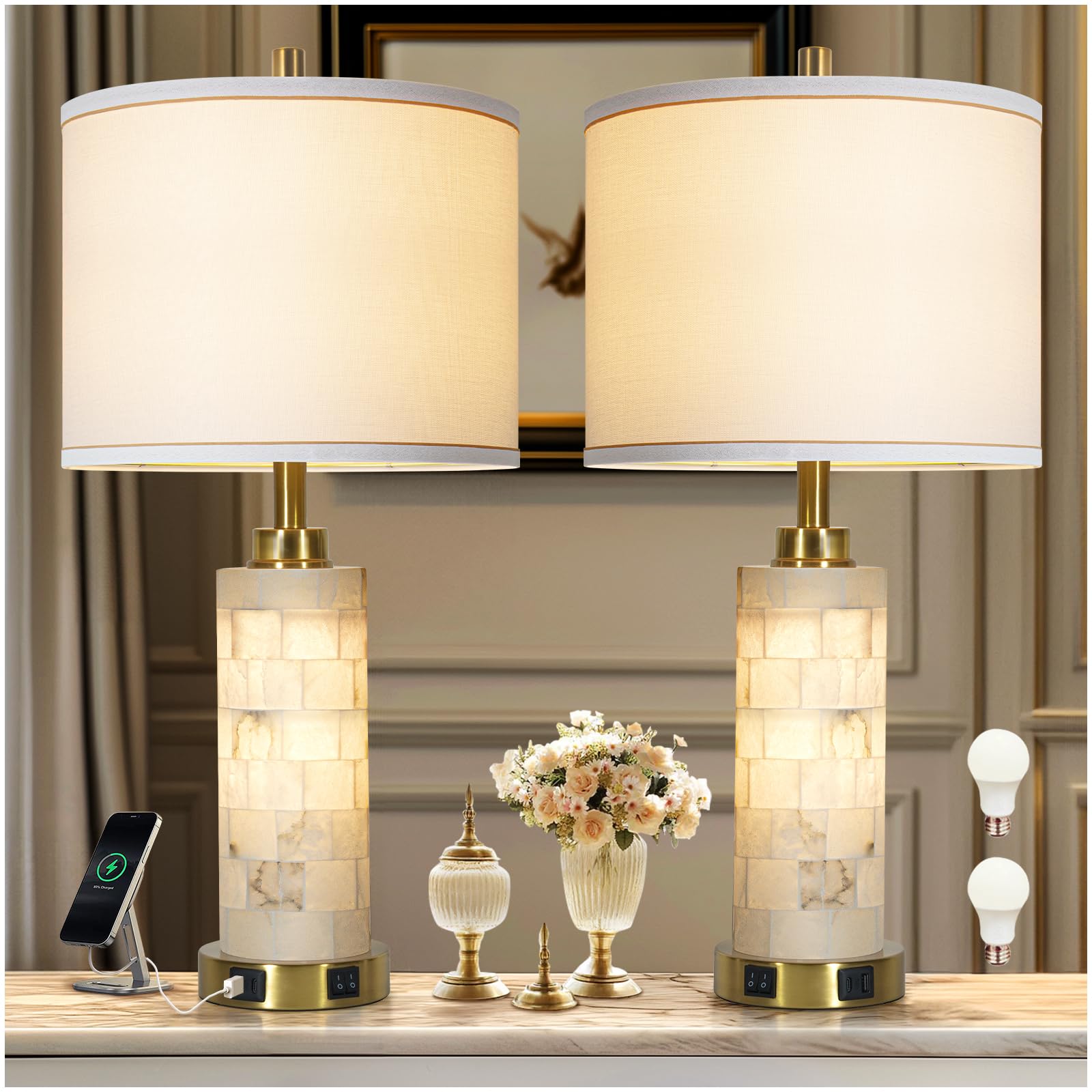 Photo 1 of KIVDITZO 27" Alabaster Lamp,Table Lamps for Living Room Bedroom,Nightstand Lamps Set of 2 with Night Light,Bedroom Lamp with Linen Shade,Gold Table Lamp with USB A+C Ports for Bedside (Bulbs Included)