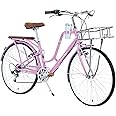 esheno 26 Inch Beach Cruiser Bike for Women, with Coffee Cup Holder (Cup Included),7 Speed Hybrid Bike with Basket & Adjustable Seat, Anti-Skid Tires & V-Brakes City Bike for Women, Multi Colors
