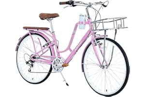 esheno 26 Inch Beach Cruiser Bike for Women, with Coffee Cup Holder (Cup Included),7 Speed Hybrid Bike with Basket & Adjustable Seat, Anti-Skid Tires & V-Brakes City Bike for Women, Multi Colors