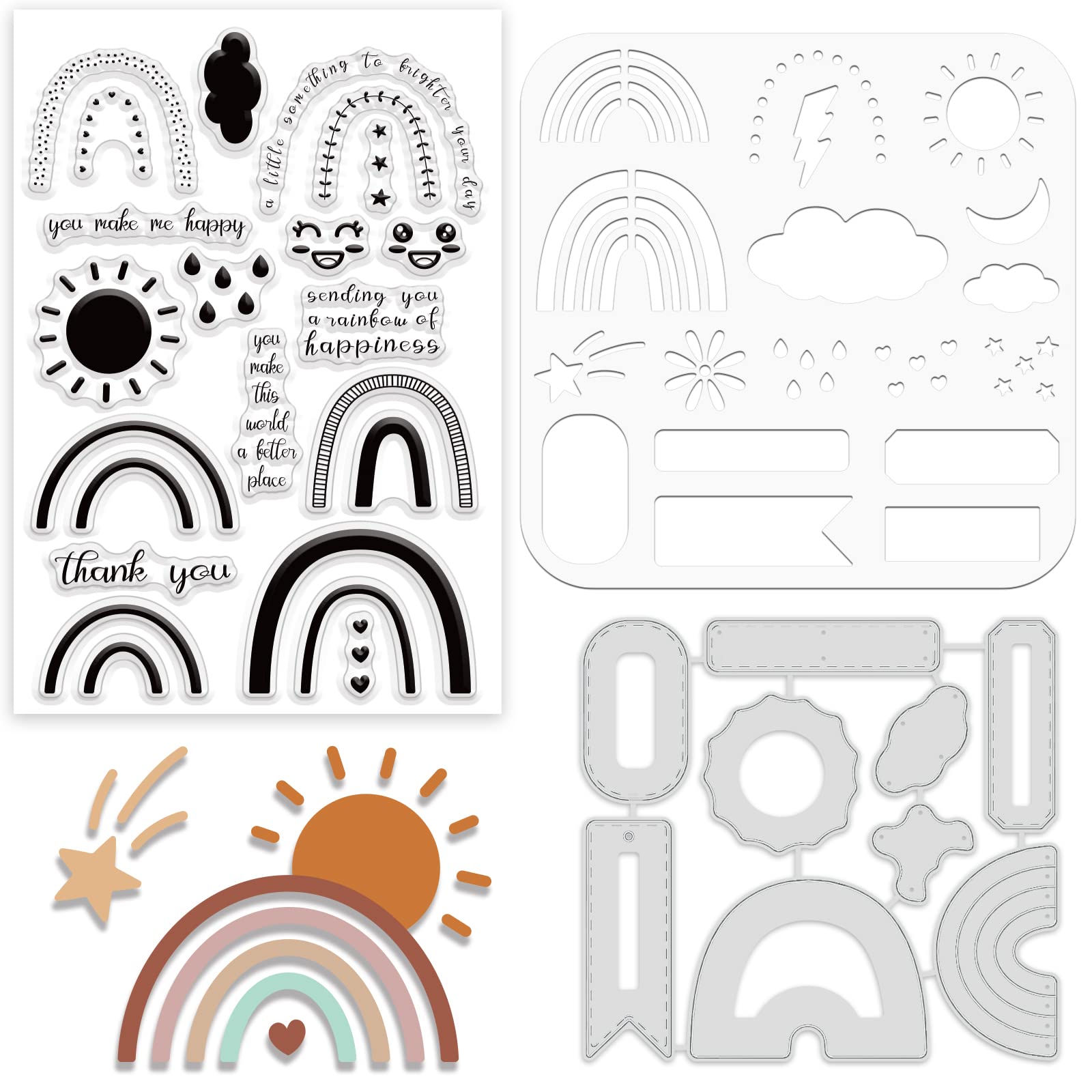 ORIGACH Rainbow Clouds Stamp Die and Stencil Sets for Card Making Sun Raindrop Metal Cutting Die Silicone Stamp and PET Template Sets for DIY Scrapbooking Embossing Album Decorative Craft