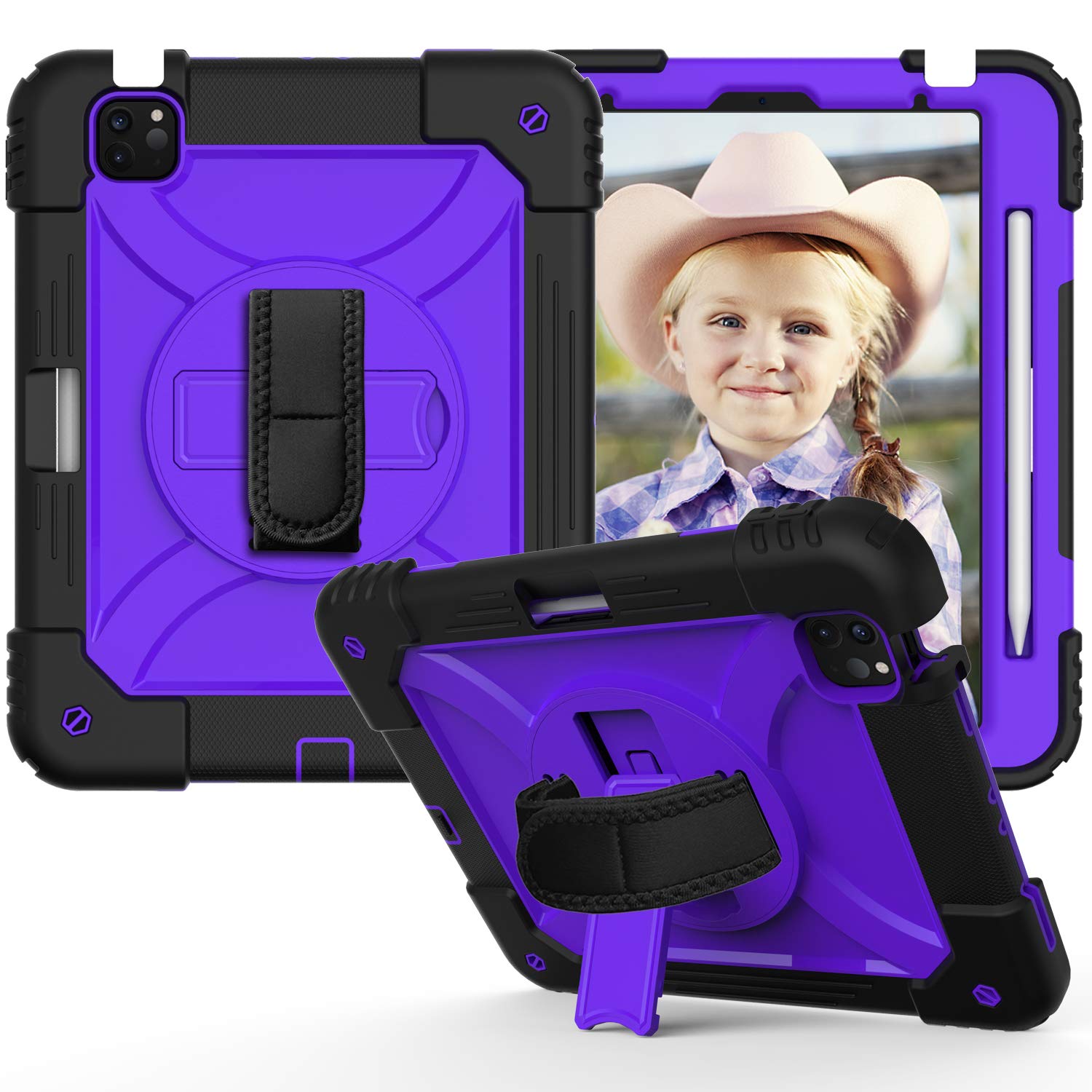 Case Compatible with iPad Air 5th/4th Generation 2022/2020 10.9 Inch, Shockproof Protective Case with Pen Holder - 360° Rotating Stand Shoulder Strap (Black + Purple)